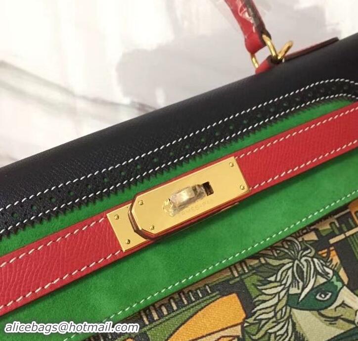 Stylish Hermes Kelly 32 Bag in Print Leather 630120 Black/Red/Suede Green