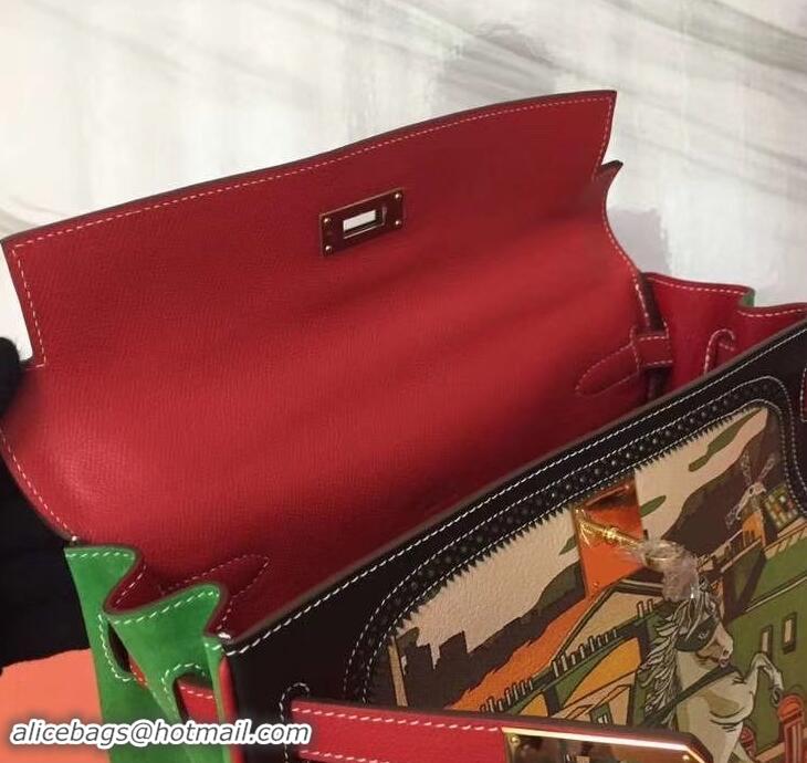 Stylish Hermes Kelly 32 Bag in Print Leather 630120 Black/Red/Suede Green