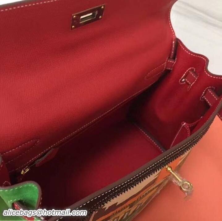 Stylish Hermes Kelly 32 Bag in Print Leather 630120 Black/Red/Suede Green