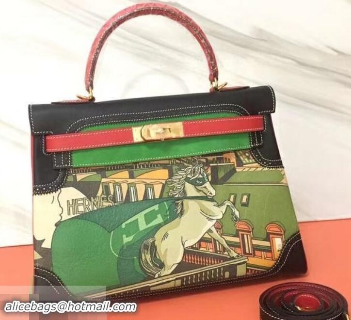 Stylish Hermes Kelly 32 Bag in Print Leather 630120 Black/Red/Suede Green