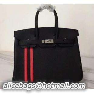 Classic Hot Hermes red Striped Birkin 25 Bag in original togo Leather black 630130