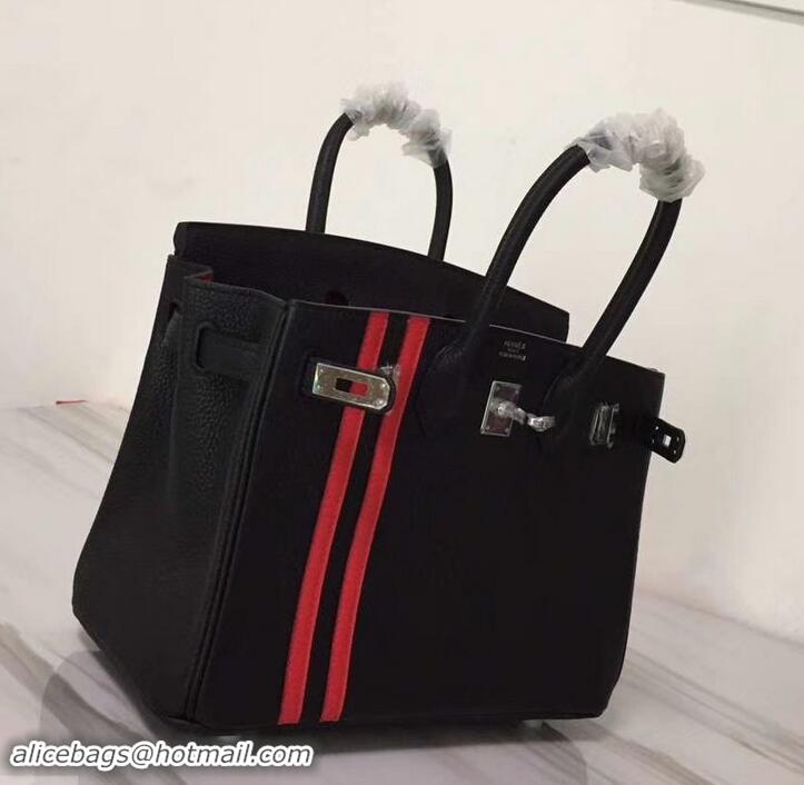 Classic Hot Hermes red Striped Birkin 25 Bag in original togo Leather black 630130