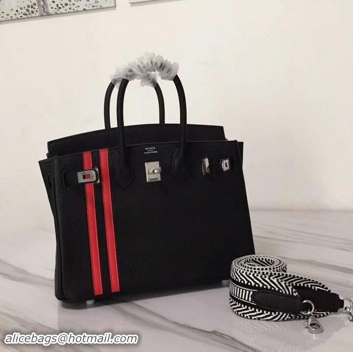 Classic Hot Hermes red Striped Birkin 25 Bag in original togo Leather black 630130