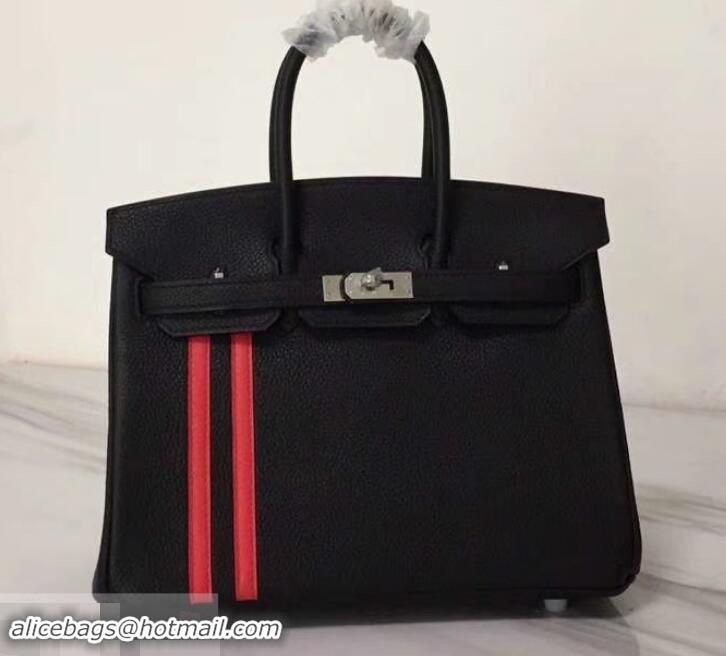 Classic Hot Hermes red Striped Birkin 25 Bag in original togo Leather black 630130