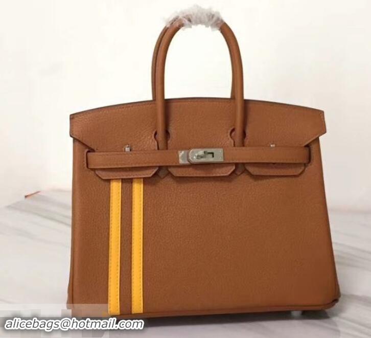 Discount Hermes red Striped Birkin 25 Bag in original togo Leather 630130 Brown