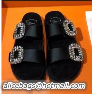 Low Cost Roger Vivier Slidy Viv' Strass Buckle Sandals R8423 Silk Satin Black 2018