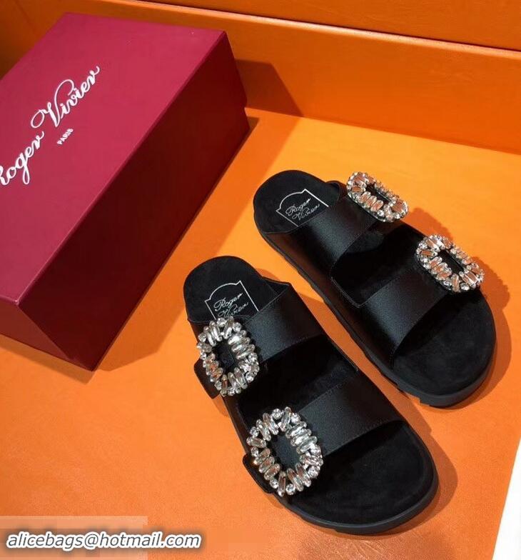 Low Cost Roger Vivier Slidy Viv' Strass Buckle Sandals R8423 Silk Satin Black 2018