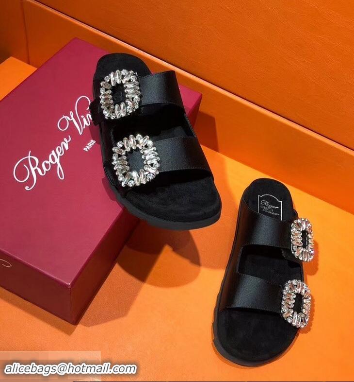 Low Cost Roger Vivier Slidy Viv' Strass Buckle Sandals R8423 Silk Satin Black 2018