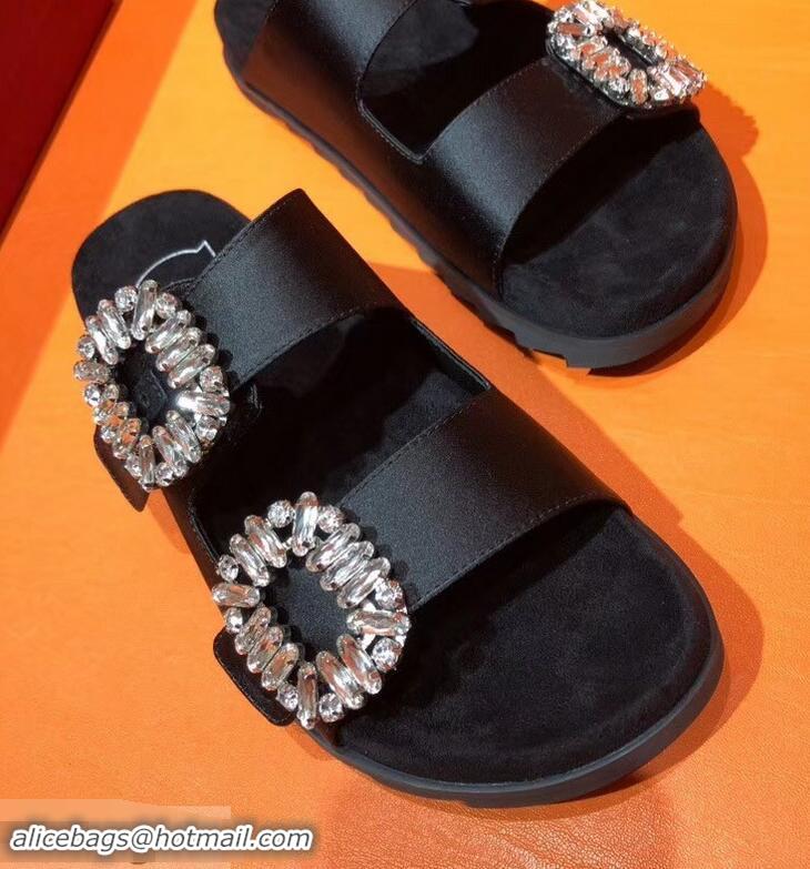 Low Cost Roger Vivier Slidy Viv' Strass Buckle Sandals R8423 Silk Satin Black 2018