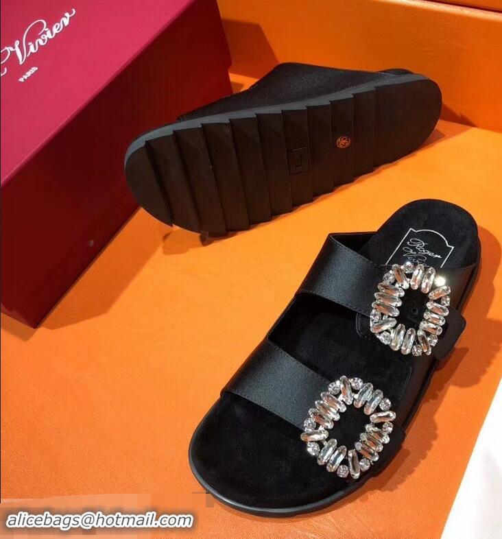 Low Cost Roger Vivier Slidy Viv' Strass Buckle Sandals R8423 Silk Satin Black 2018