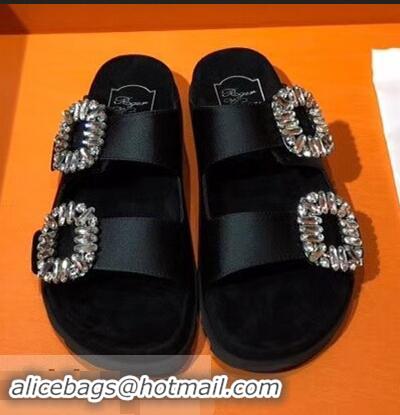 Low Cost Roger Vivier Slidy Viv' Strass Buckle Sandals R8423 Silk Satin Black 2018