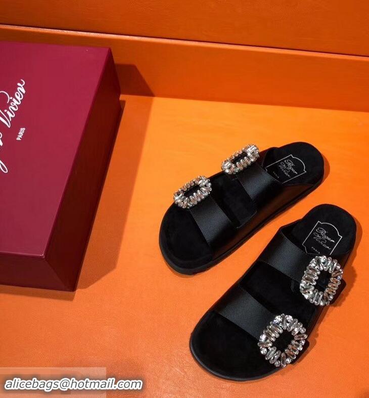 Low Cost Roger Vivier Slidy Viv' Strass Buckle Sandals R8423 Silk Satin Black 2018