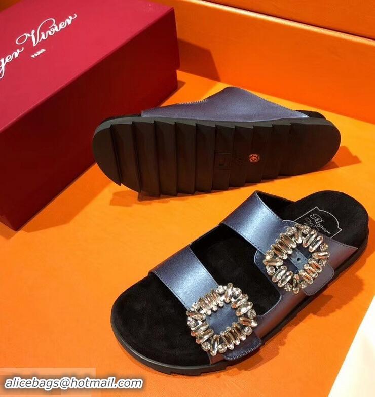 Design Promotional Roger Vivier Slidy Viv' Strass Buckle Sandals R8423 Blue 2018