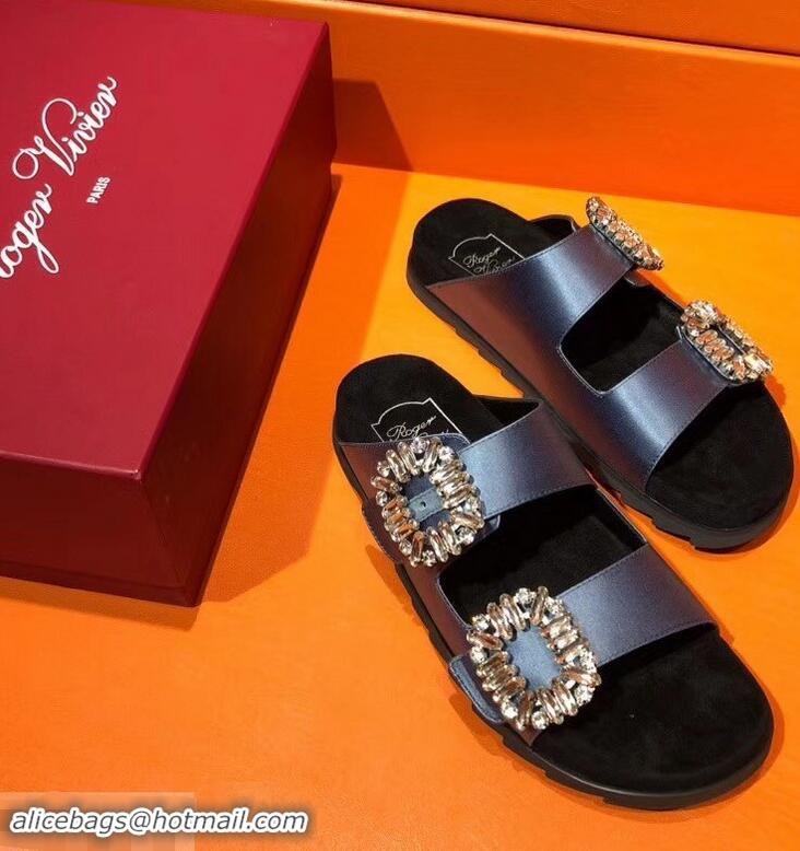 Design Promotional Roger Vivier Slidy Viv' Strass Buckle Sandals R8423 Blue 2018