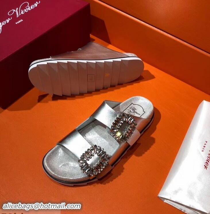 Imitation Roger Vivier Slidy Viv' Strass Buckle Sandals R8423 Silver 2018