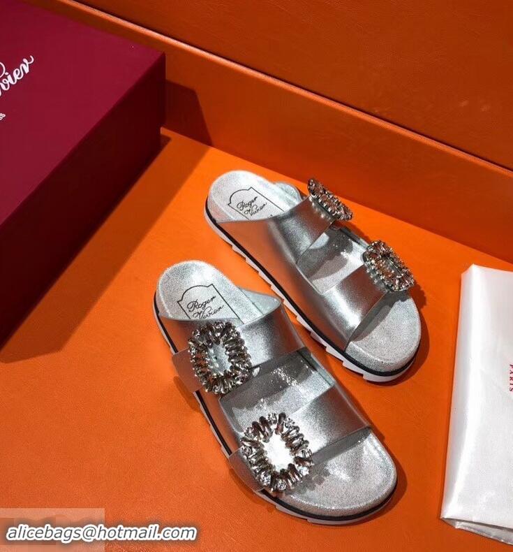 Imitation Roger Vivier Slidy Viv' Strass Buckle Sandals R8423 Silver 2018