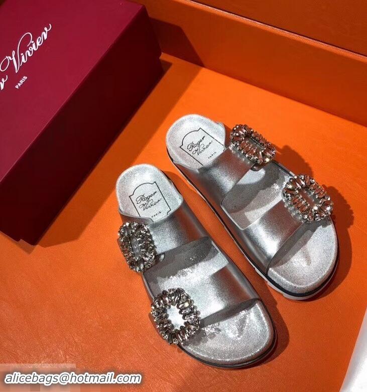 Imitation Roger Vivier Slidy Viv' Strass Buckle Sandals R8423 Silver 2018