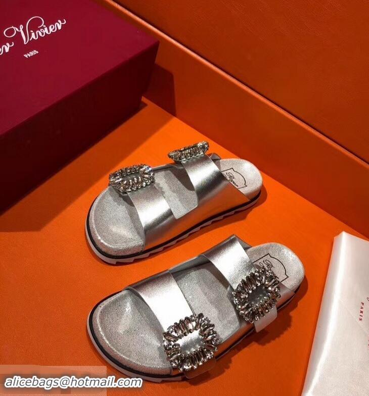 Imitation Roger Vivier Slidy Viv' Strass Buckle Sandals R8423 Silver 2018