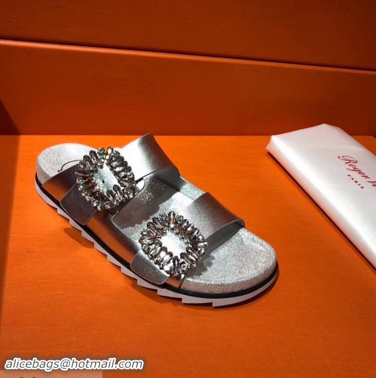 Imitation Roger Vivier Slidy Viv' Strass Buckle Sandals R8423 Silver 2018