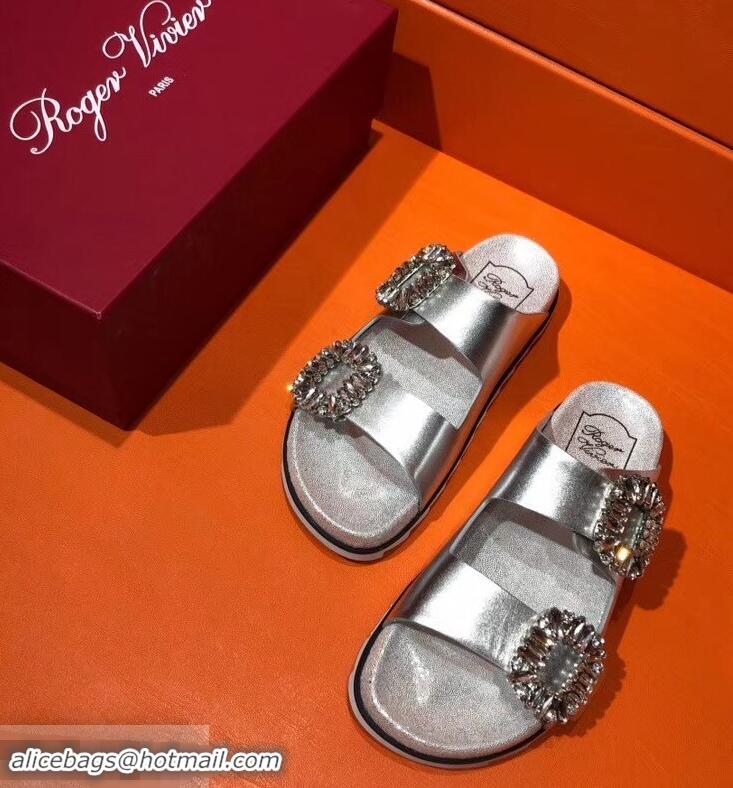 Imitation Roger Vivier Slidy Viv' Strass Buckle Sandals R8423 Silver 2018