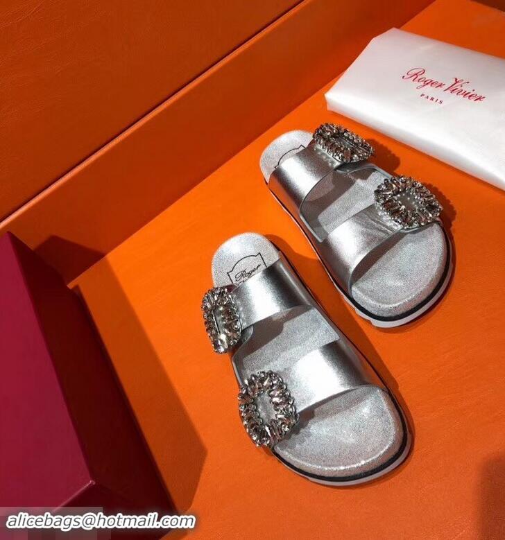 Imitation Roger Vivier Slidy Viv' Strass Buckle Sandals R8423 Silver 2018