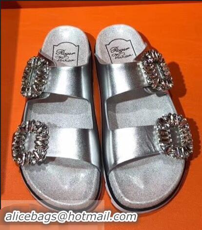 Imitation Roger Vivier Slidy Viv' Strass Buckle Sandals R8423 Silver 2018