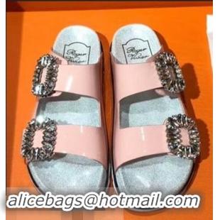 New Style Roger Vivier Slidy Viv' Strass Buckle Sandals R8427 Patent Leather Pink 2018