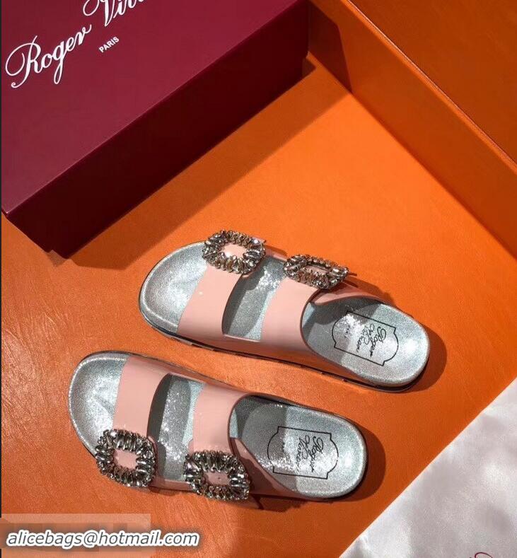 New Style Roger Vivier Slidy Viv' Strass Buckle Sandals R8427 Patent Leather Pink 2018