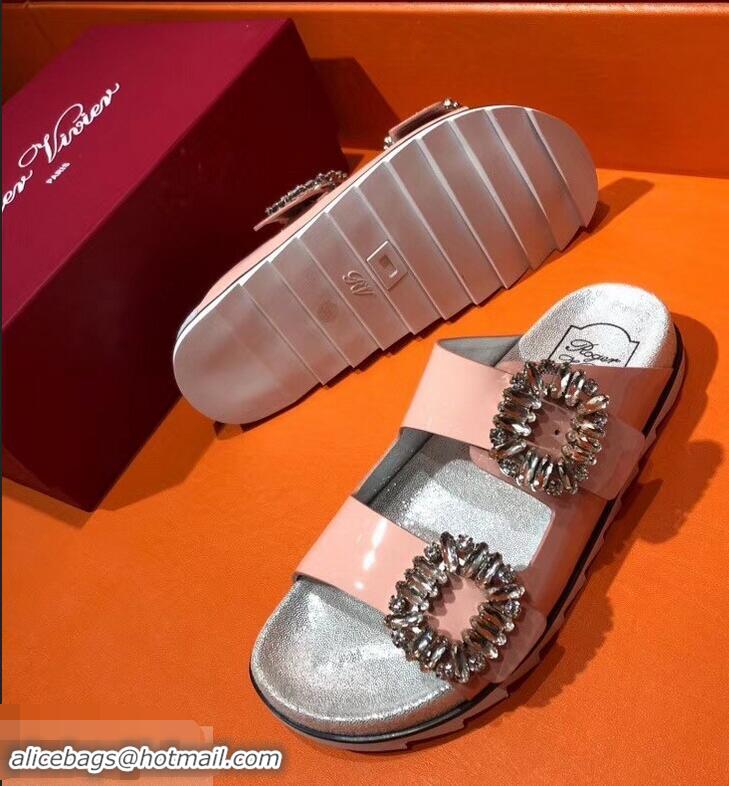 New Style Roger Vivier Slidy Viv' Strass Buckle Sandals R8427 Patent Leather Pink 2018