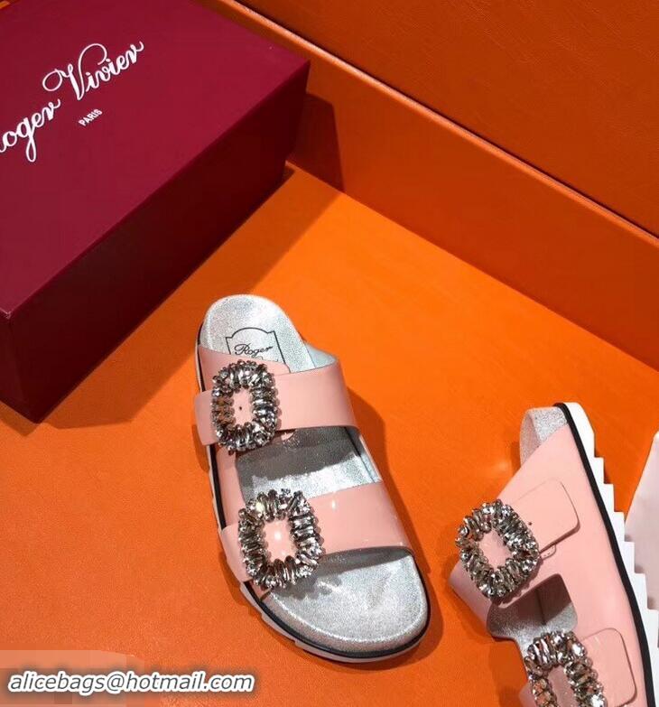 New Style Roger Vivier Slidy Viv' Strass Buckle Sandals R8427 Patent Leather Pink 2018