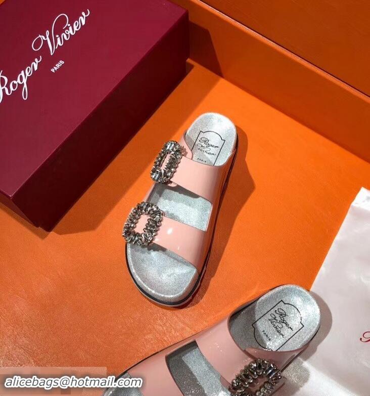 New Style Roger Vivier Slidy Viv' Strass Buckle Sandals R8427 Patent Leather Pink 2018