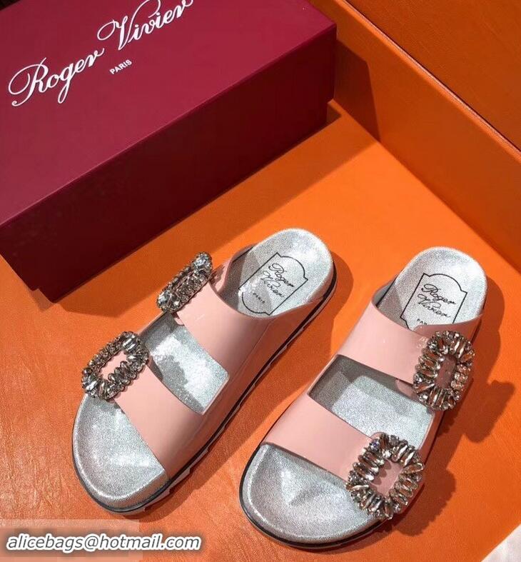 New Style Roger Vivier Slidy Viv' Strass Buckle Sandals R8427 Patent Leather Pink 2018