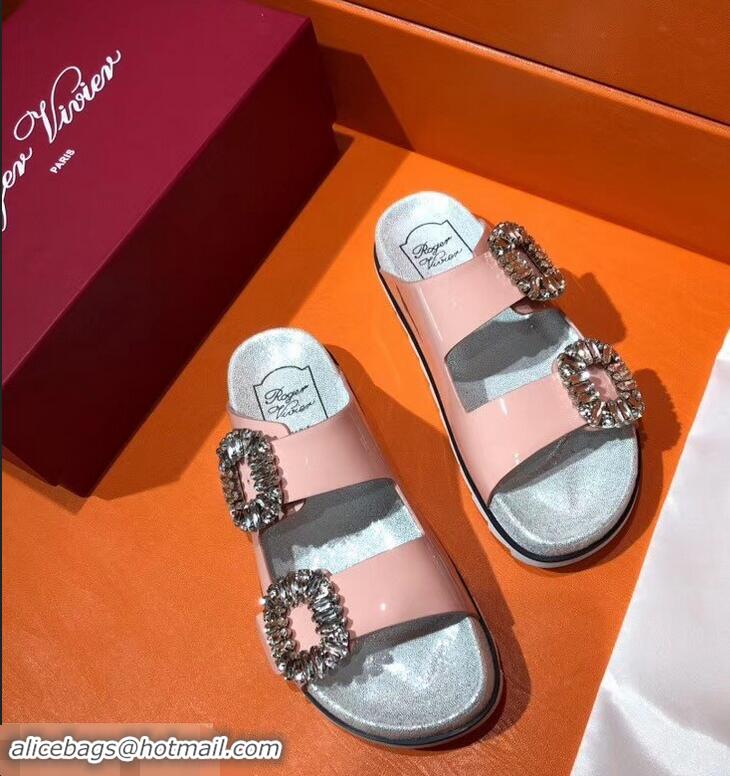 New Style Roger Vivier Slidy Viv' Strass Buckle Sandals R8427 Patent Leather Pink 2018