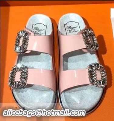 New Style Roger Vivier Slidy Viv' Strass Buckle Sandals R8427 Patent Leather Pink 2018