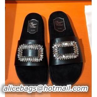 New Style Roger Vivier Pool Slidy Strass Buckle Sandals R8430 Black 2018