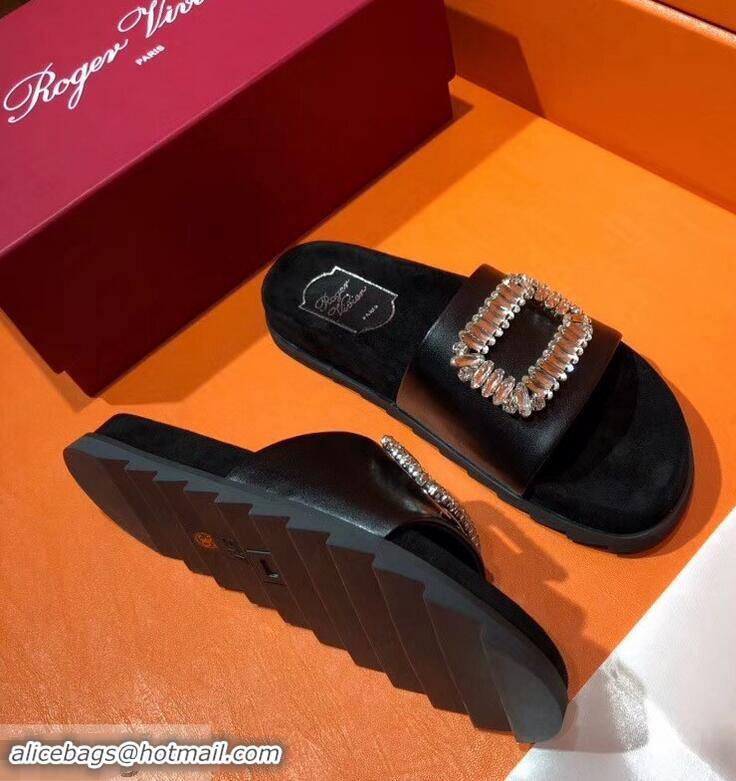 New Style Roger Vivier Pool Slidy Strass Buckle Sandals R8430 Black 2018