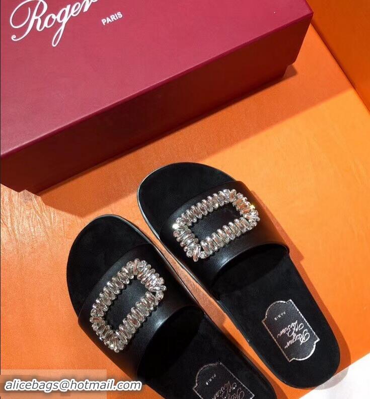 New Style Roger Vivier Pool Slidy Strass Buckle Sandals R8430 Black 2018