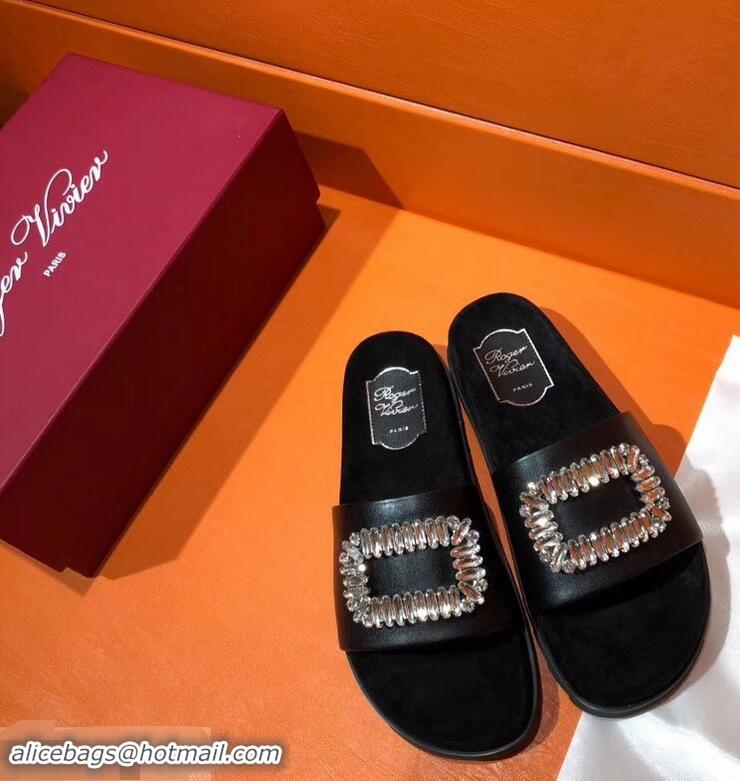 New Style Roger Vivier Pool Slidy Strass Buckle Sandals R8430 Black 2018