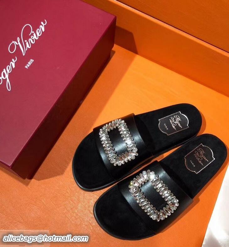 New Style Roger Vivier Pool Slidy Strass Buckle Sandals R8430 Black 2018