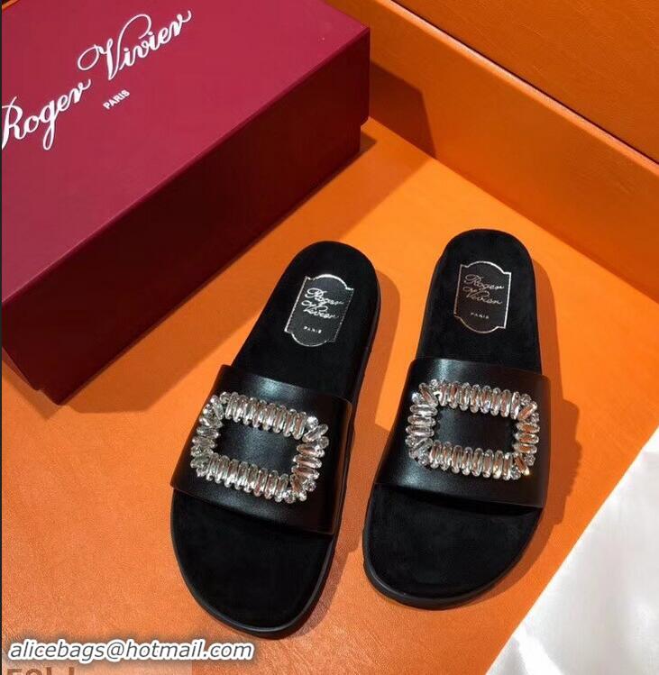 New Style Roger Vivier Pool Slidy Strass Buckle Sandals R8430 Black 2018