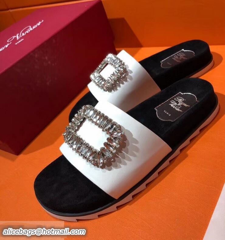 Unique Grade Roger Vivier Pool Slidy Strass Buckle Sandals R8430 White 2018