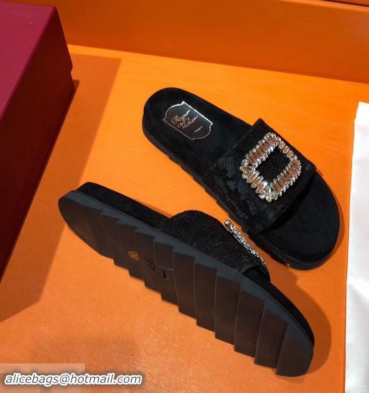 Low Price Roger Vivier Pool Slidy Strass Buckle Sandals R8430 Lace Black 2018