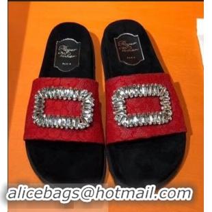 Top Sale Roger Vivier Pool Slidy Strass Buckle Sandals R8430 Lace Red 2018