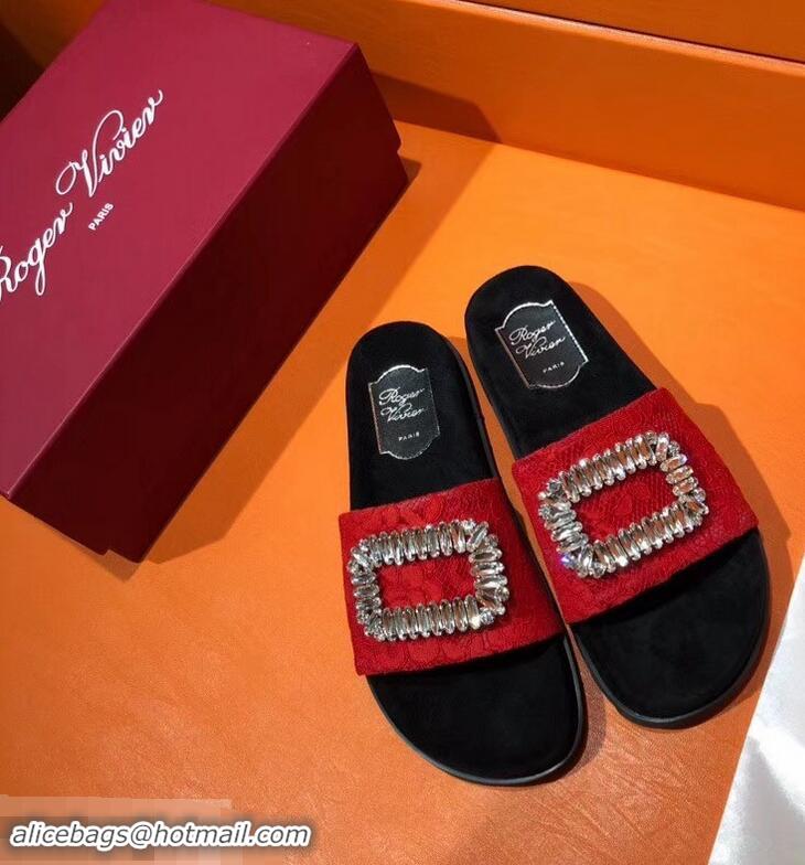 Top Sale Roger Vivier Pool Slidy Strass Buckle Sandals R8430 Lace Red 2018