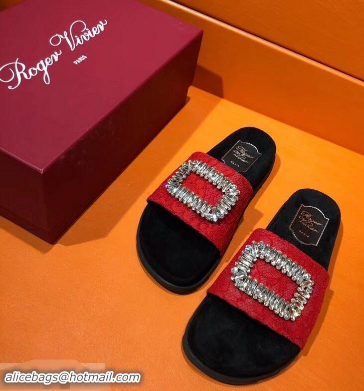 Top Sale Roger Vivier Pool Slidy Strass Buckle Sandals R8430 Lace Red 2018