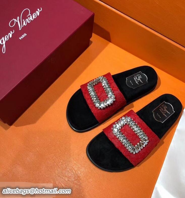 Top Sale Roger Vivier Pool Slidy Strass Buckle Sandals R8430 Lace Red 2018