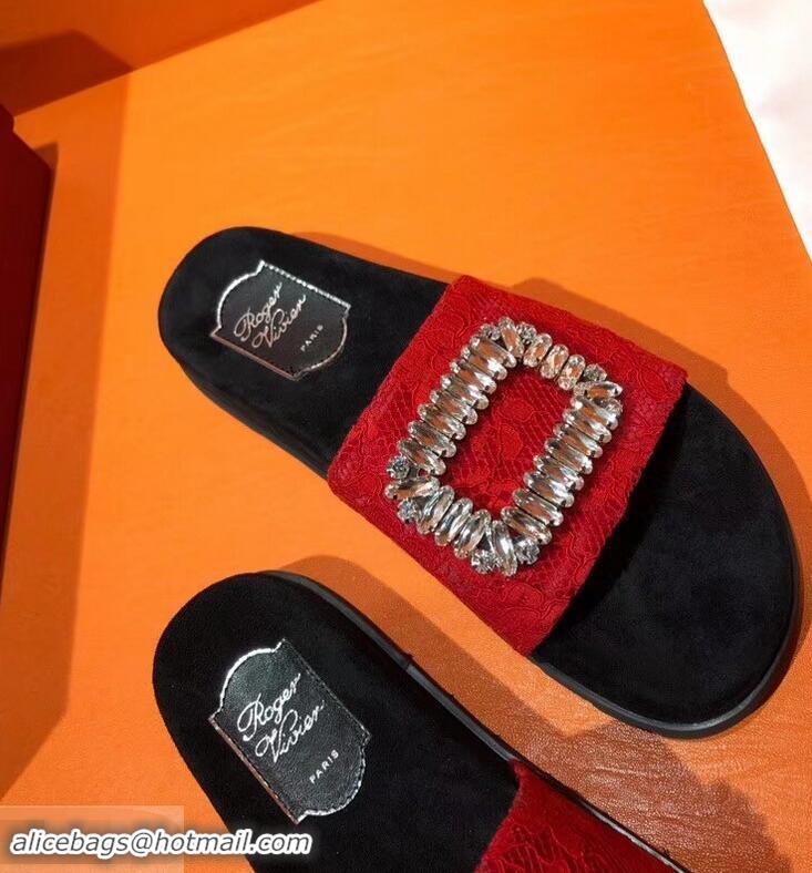 Top Sale Roger Vivier Pool Slidy Strass Buckle Sandals R8430 Lace Red 2018