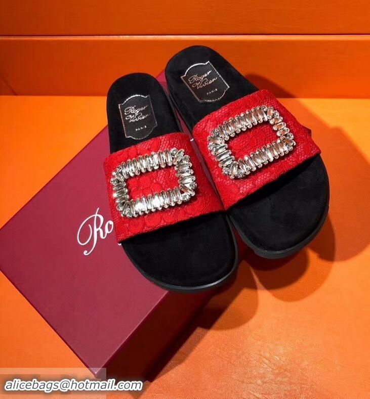 Top Sale Roger Vivier Pool Slidy Strass Buckle Sandals R8430 Lace Red 2018