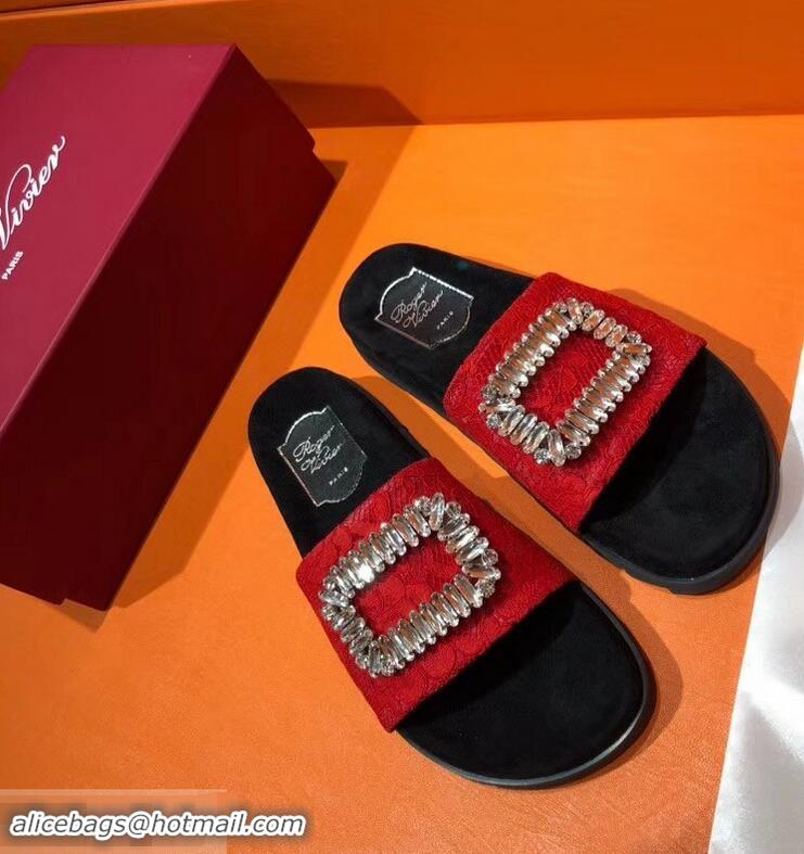 Top Sale Roger Vivier Pool Slidy Strass Buckle Sandals R8430 Lace Red 2018