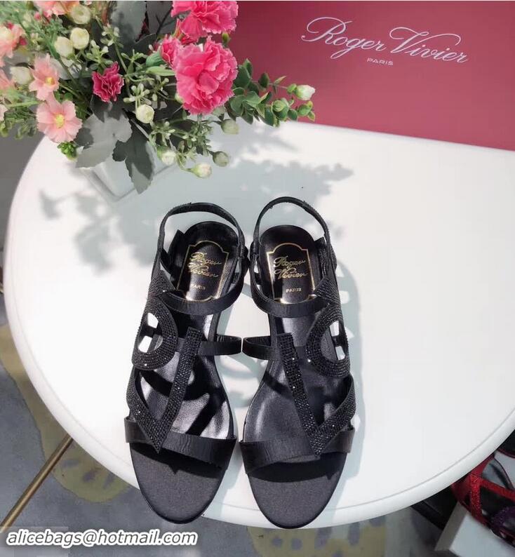 Low Price Roger Vivier Crystal Silk Flat Sandals R8521 Black 2018